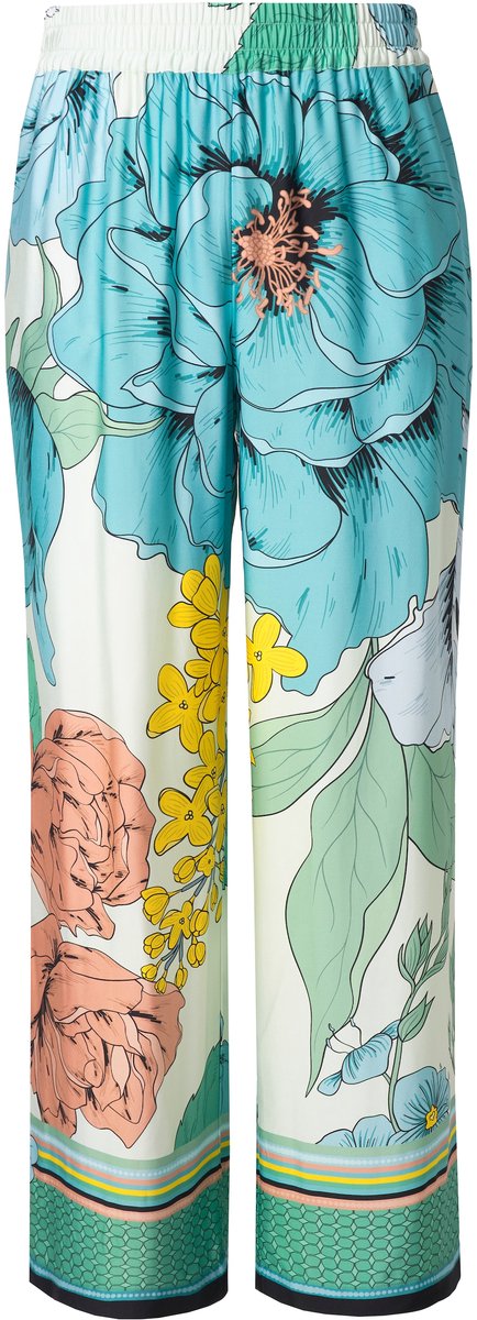Ulla Popken - Dames - Broek bloemen wijde pijp elastische tailleband - Mandarijn - Maat 50+