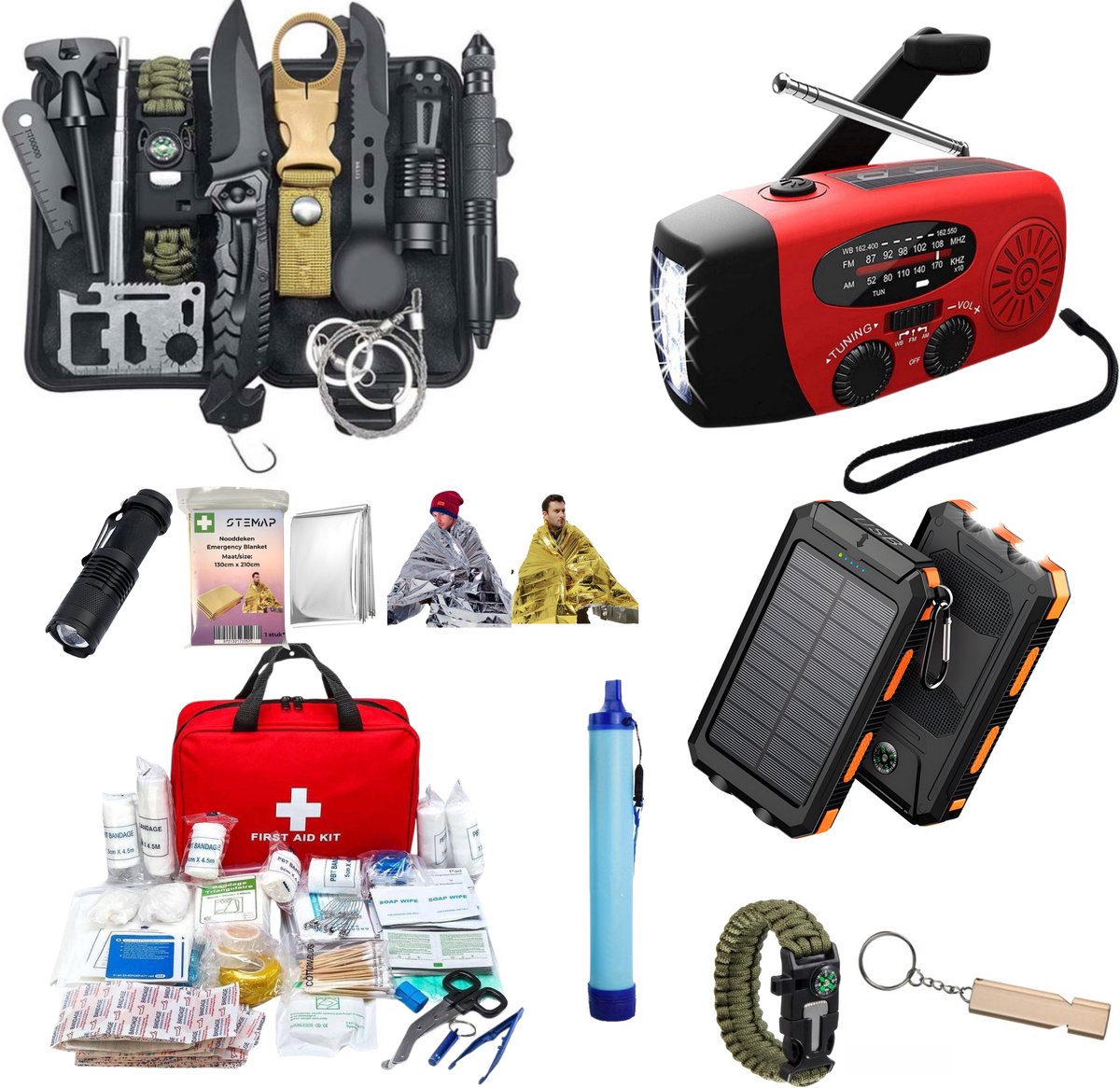 Stemap Advanced Noodpakket voor Thuis - Noodradio 2.000mAh Opwindbaar - 10.000mAh Solar Powerbank - survival kit - 204-delig - vuurstarter - zakmes - Nooddeken - Noodfluitje - Waterfilter voor 2.000 Liter - Ramp pakket