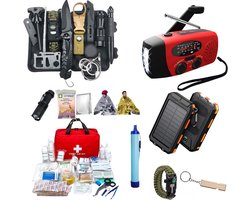 Stemap Advanced Noodpakket voor Thuis - Noodradio 2.000mAh Opwindbaar - 10.000mAh Solar Powerbank - survival kit - 204-delig - vuurstarter - zakmes - Nooddeken - Noodfluitje - Waterfilter voor 2.000 Liter - Ramp pakket