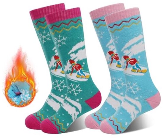 Kleurige Thermische Skisokken voor Kinderen - 2 Paar Zachte en Ademend Winter Comfort