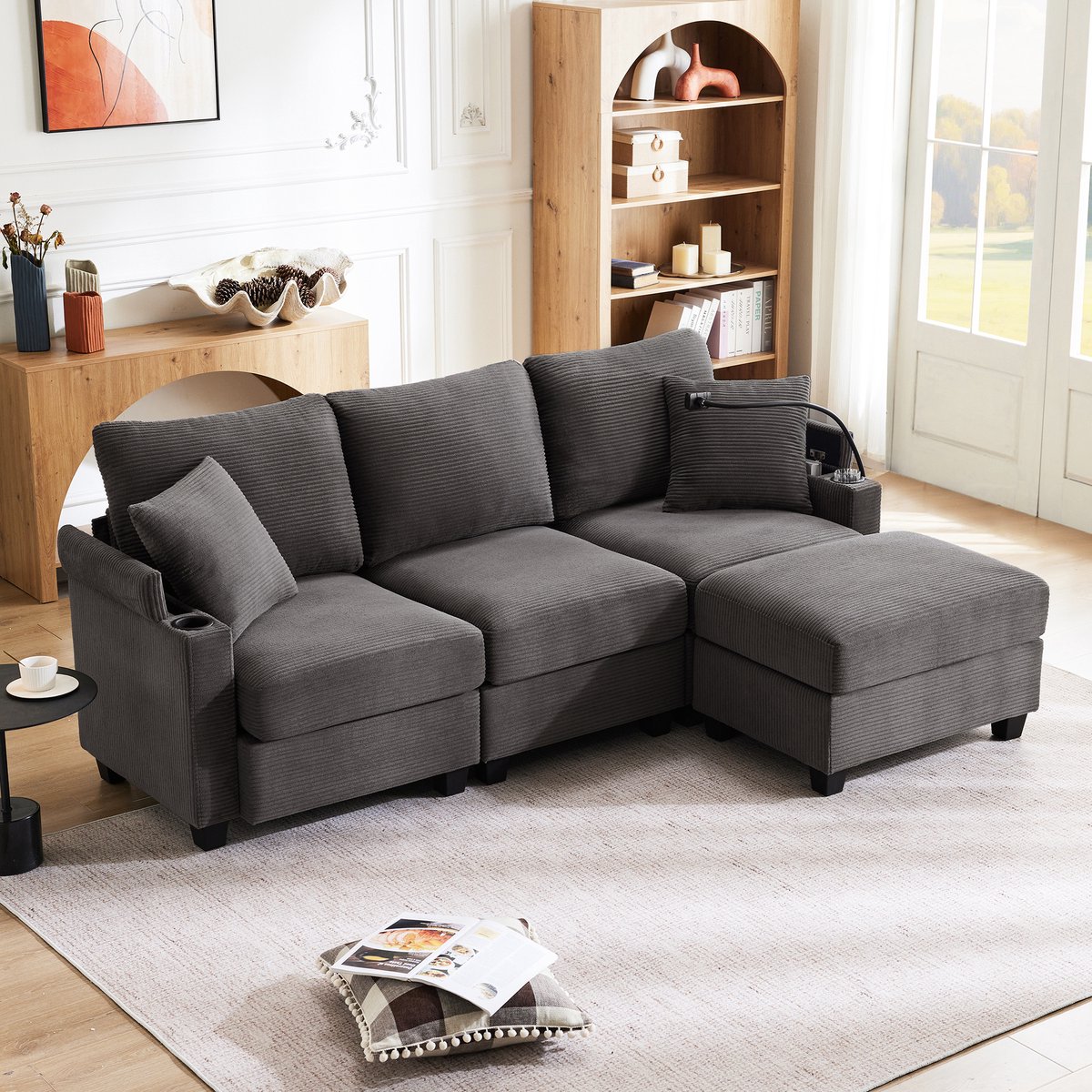 REDOM Modulaire bank 213.5x139x87 cm van corduroy stof, L-vorm met hocker, USB-poort en op