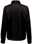 Zwarte satijnen blouse met lange mouwen, achterkant.