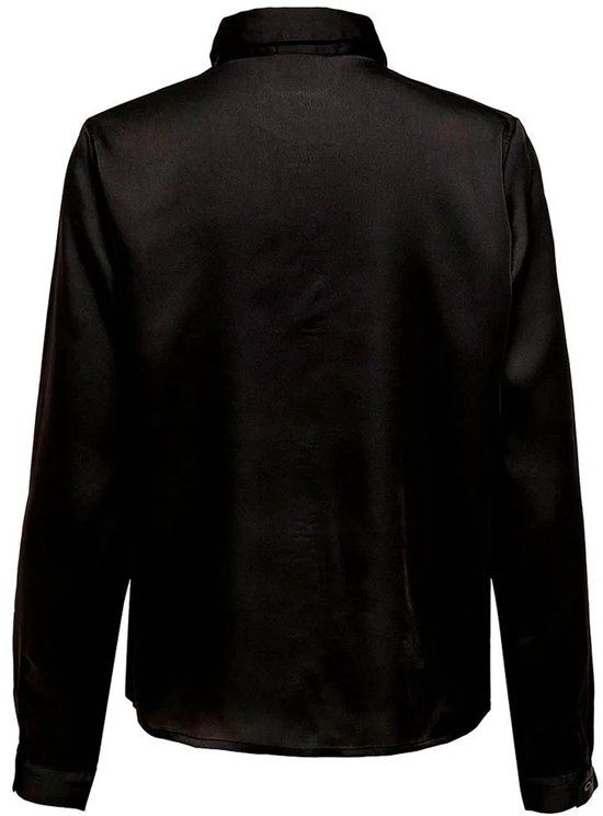 Zwarte satijnen blouse met lange mouwen, achterkant.