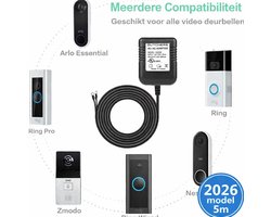Dutchers® Video deurbel adapter - verbeterde 2026 versie - 5M snoer - Eufy en Ring deurbel adapter - Voeding deurbel - Stroom adapter doorbel - 230v-18v - AC230V, 50Hz , 500mA - Universeel transformator - transformator voor Video deurbel