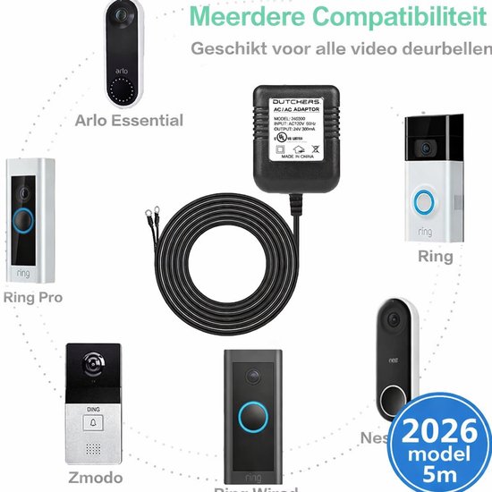 Dutchers Video Deurbel Adapter 2026 - 5M Snoer voor Eufy en - Dutchers® - €26,99