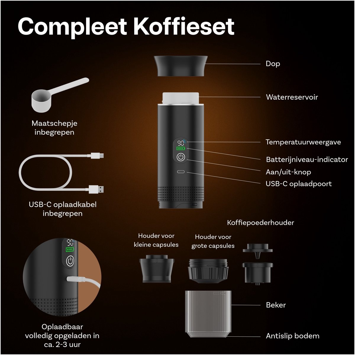 Draagbaar Koffiezetapparaat voor Onderweg van MMOBIEL - 12 Volt Portable Koffiemaker Camping- Oplaadbaar USB-C - Koffiecups & Gemalen Koffie Espresso - Lungo - Nespresso - Camping Gadget — afbeelding 4