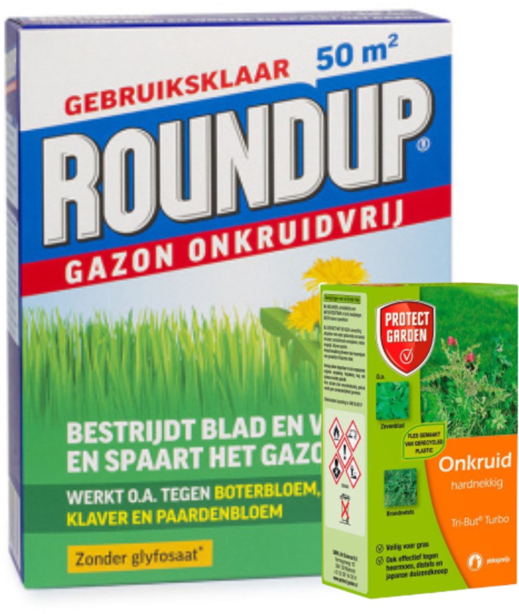 ROUNDUP® Gazon Onkruidvrij 1kg en Protect Garden Tri-But Turbo 100 ml. - Onkruidbestrijding Gazon / Hardnekkig - Voordeelverpakking - Garden Select