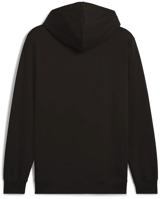 Achterkant van een zwarte PUMA hoodie met capuchon en lange mouwen.