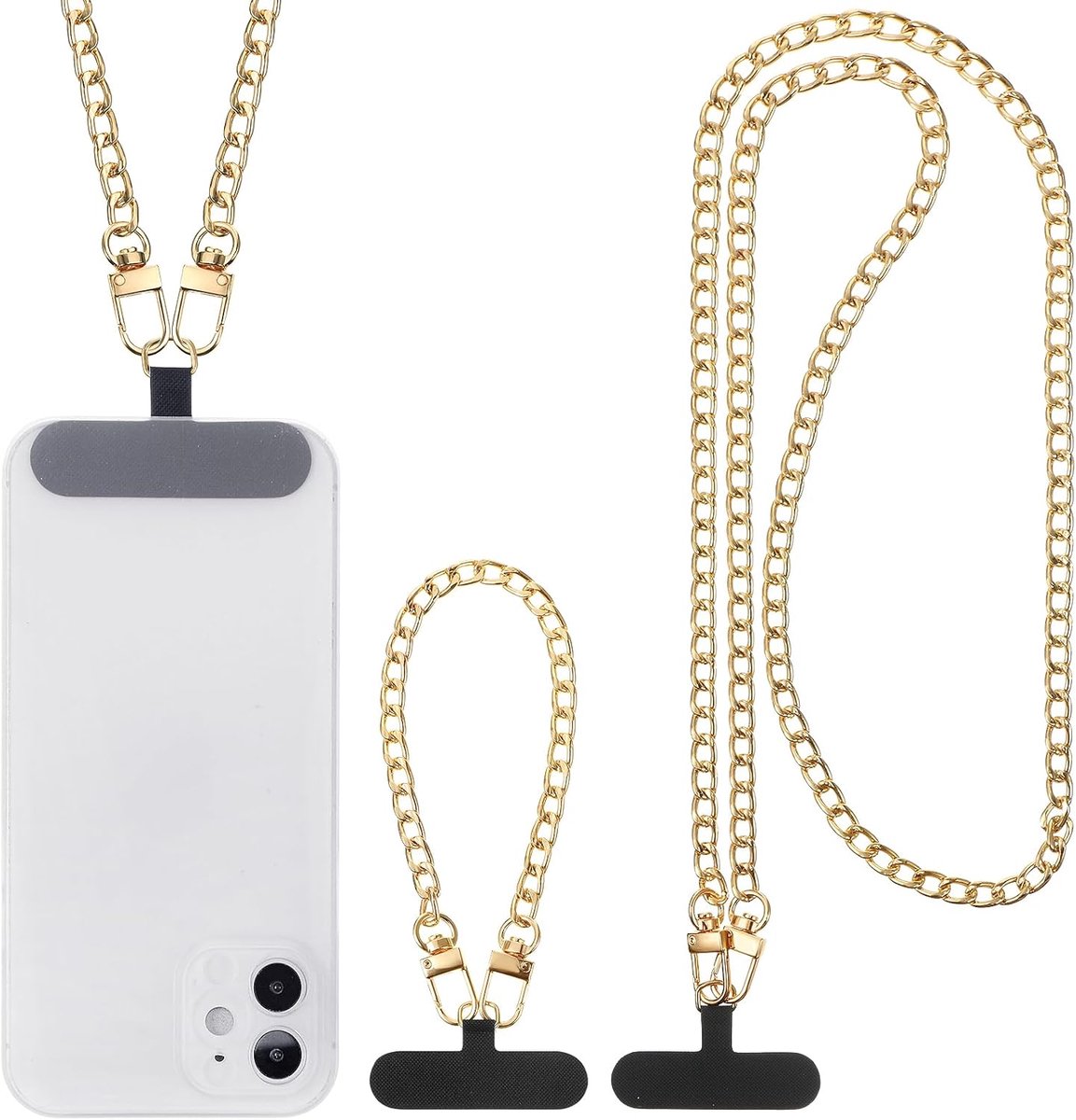 2 stuks Gouden GSM-Omhangband – Metalen Crossbody Ketting met 4 Universele Smartphone Klemmen