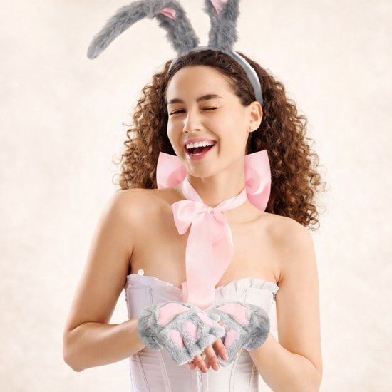 Bunny Carnaval Set Dames – Grijs Konijn met Oren, Staart, Handschoenen & Roze Strik
