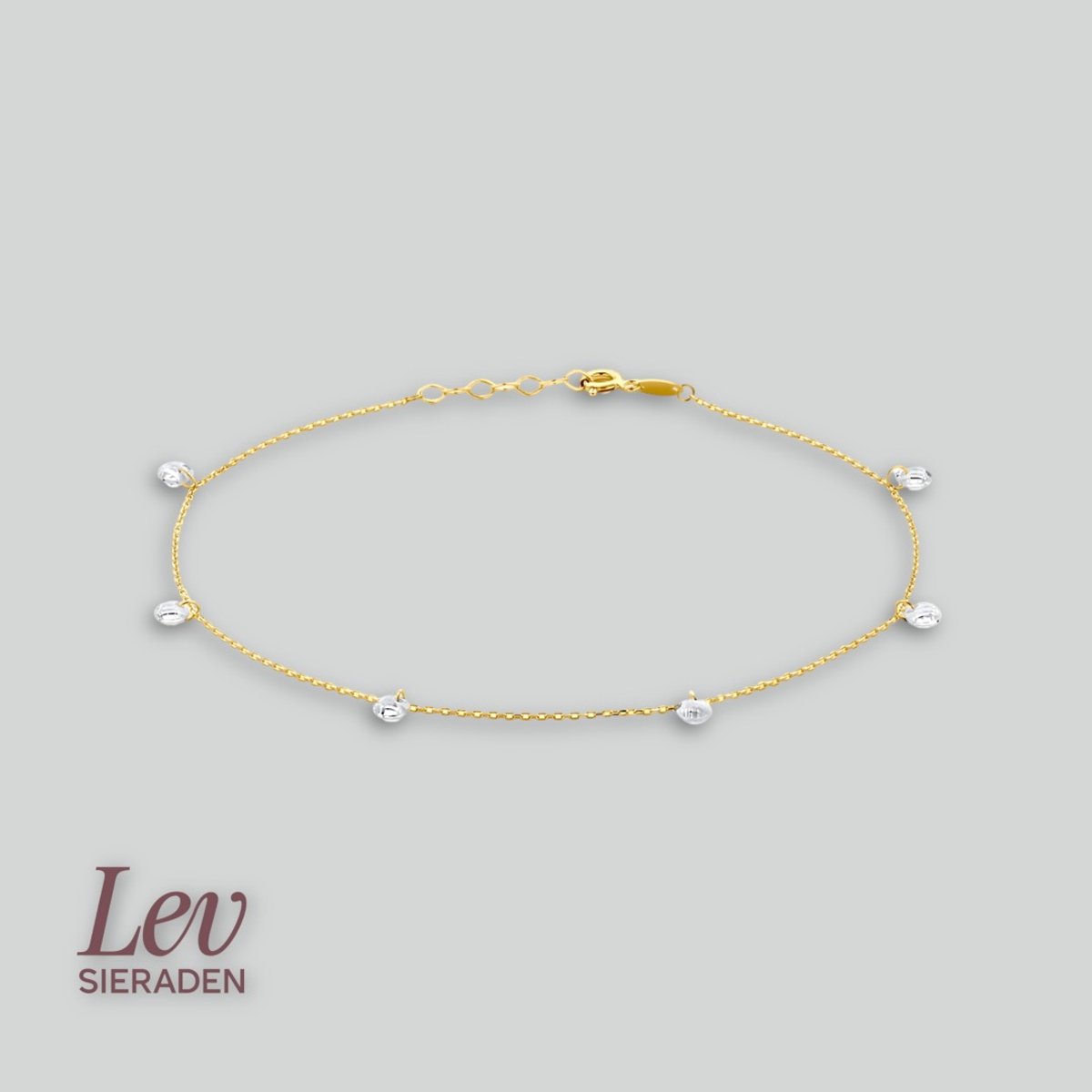 Lev Sieraden - 14k Geelgoud enkelbandje met Zirkonia stenen 24 + 2 cm schakelbreedte is 1.0mm.