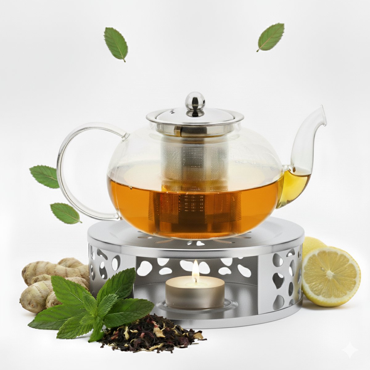 Vaja Glazen Theepot Vera 1.0 Liter met Filter en Warmhouder - Theepot Glas voor Losse Thee en Theebloemen - Tea Maker - Theelicht houder voor Theekan met Zeef - Infuser - Warmer - Zilver
