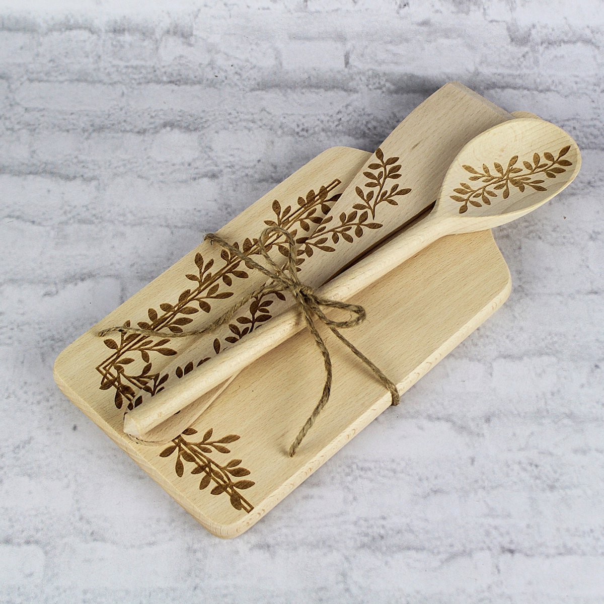 Keukengerei Set met Gravure: Plank, Lepel, Spatel + Gratis Hanger