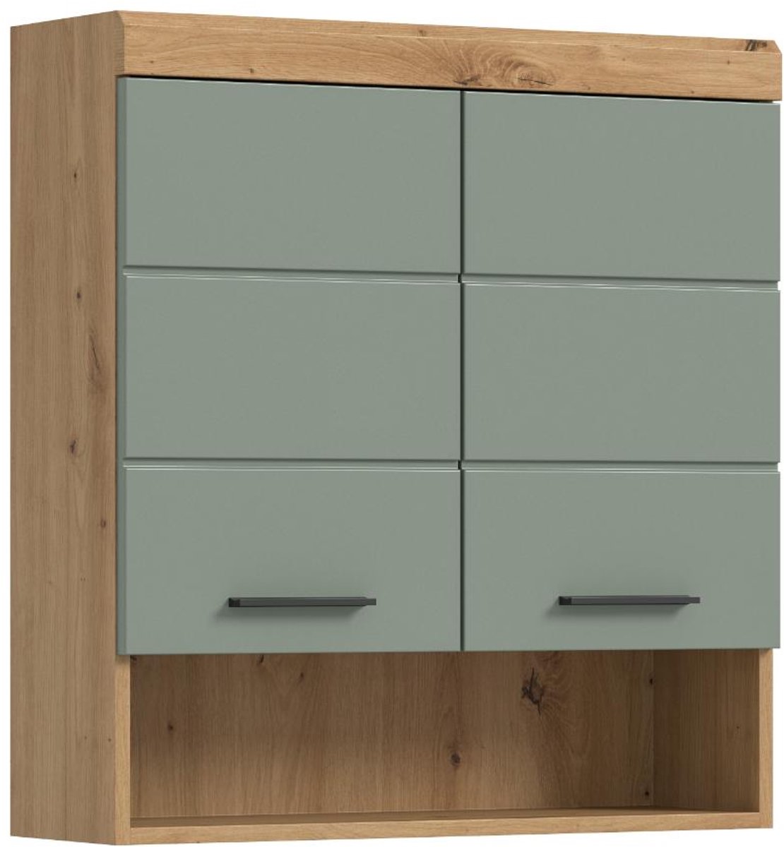 Scout badkamerkast wandgemonteerd 2 deuren, 3 spiegeldeuren, 1 plank salvie decor, eiken decor.