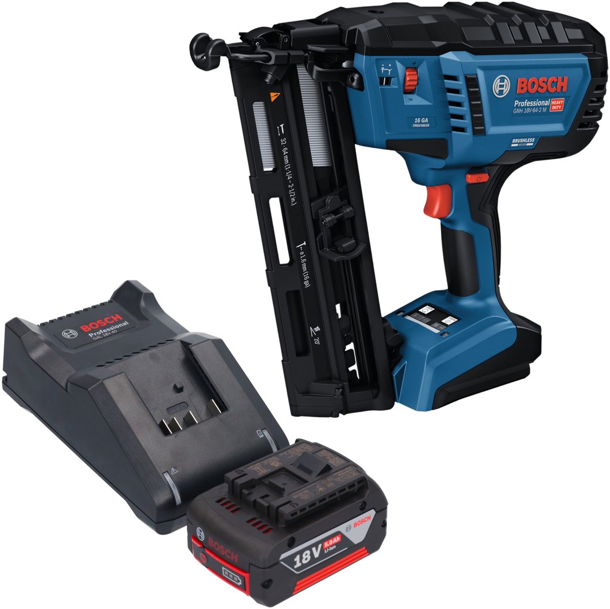 Bosch GNH 18V-64-2 M Professional accu-houtspijkermachine 18 V 1,6 x 32 - 64 mm + 1x accu 5,0 Ah + oplader