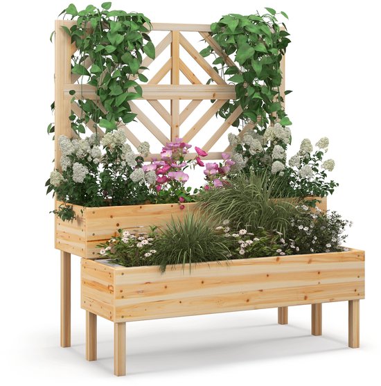 Bac à fleurs COSTWAY avec treillis en bois de pin, treillis de jardin avec 2 caisses grimpantes, bac à plantes pour plantes grimpantes, parterre surélevé avec treillis de grimpant et trou de drainage, pot de fleur pour jardin, cour, balcon,