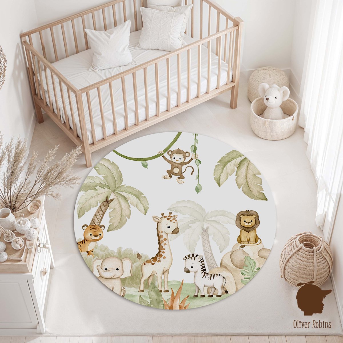 Rond Vinylzeil Savannah Joy Oliver Robins-Vinyl kleed-kinderkameraccessoires-jungle dieren-giraf-aapje-leeuw-100cm-kinderkamer-kleed
