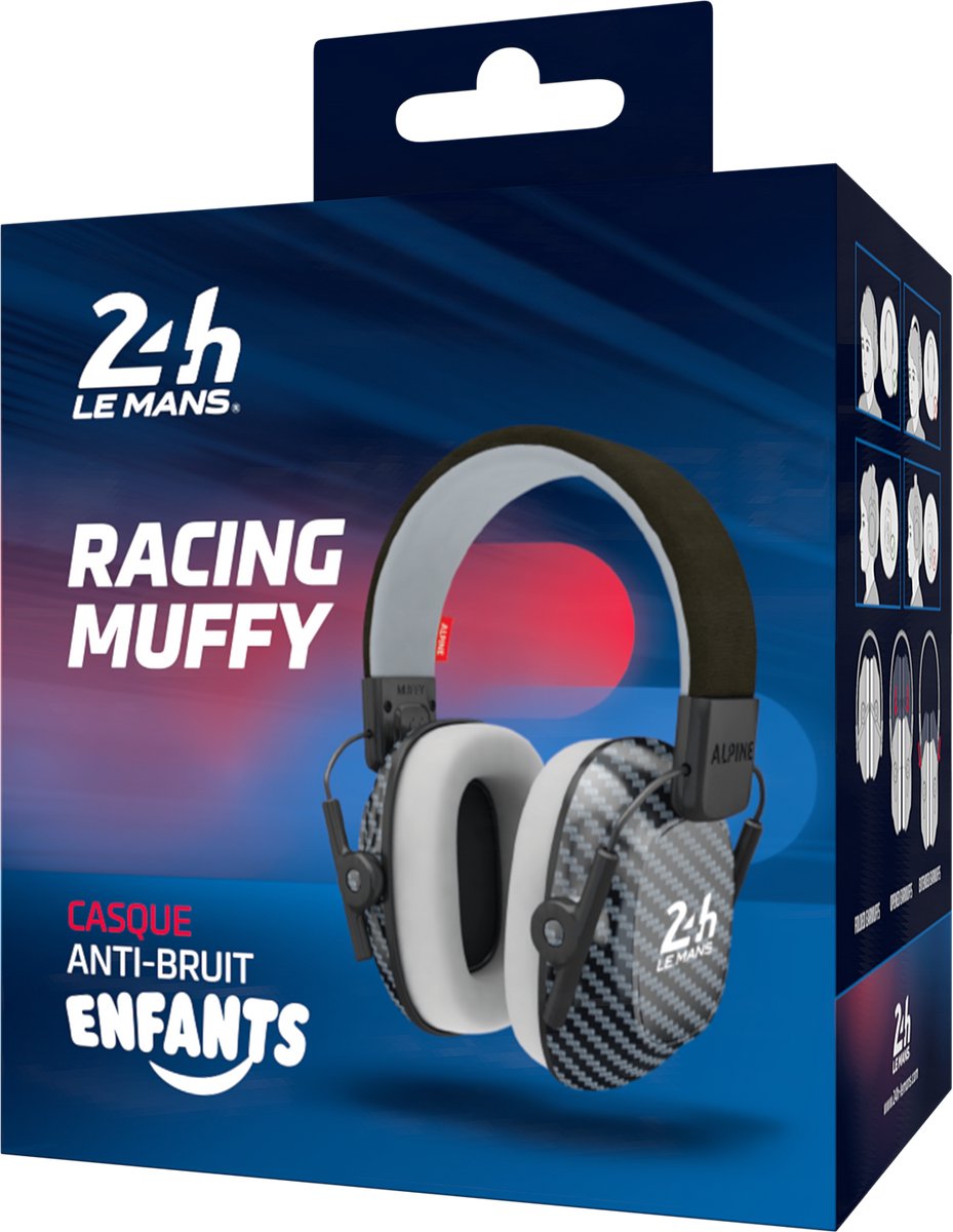 Racing Muffy Kids Kinder Oorkap - 24H Le Mans - Premium Gehoorbescherming voor kinderen tot 16 jaar - Verstelbare Oorbescherming met Draagtas - 25 dB SNR - Carbon
