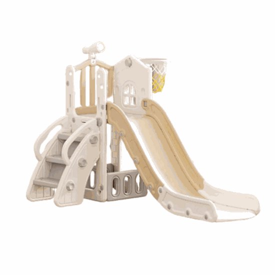 Équipement de jeux Tour 3 en 1 Maison Beige Sable blanc cassé avec toboggan et panier pour intérieur et extérieur - Bébé - Bambin - Enfant d'âge préscolaire - Cadeau - 1 an - 2 ans - 3 ans - Sinterklaas - Noël - Garçon - Fille - Toboggan