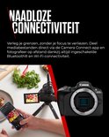 Zwarte Canon EOS R50 camera, smartphone en statief met eten op het scherm, met de tekst 'NAADLOZE CONNECTIVITEIT'.