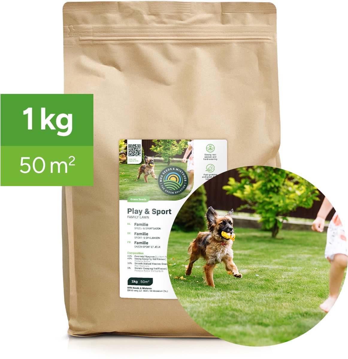 MRS Play & Sport - Graszaad Speel- en Sportgazon - 1 kg voor 50 m² - IJzersterk gazon - Hoog zelfherstellend vermogen - Zeer dichte zode - Snelkiemend - NAK-gecertificeerd