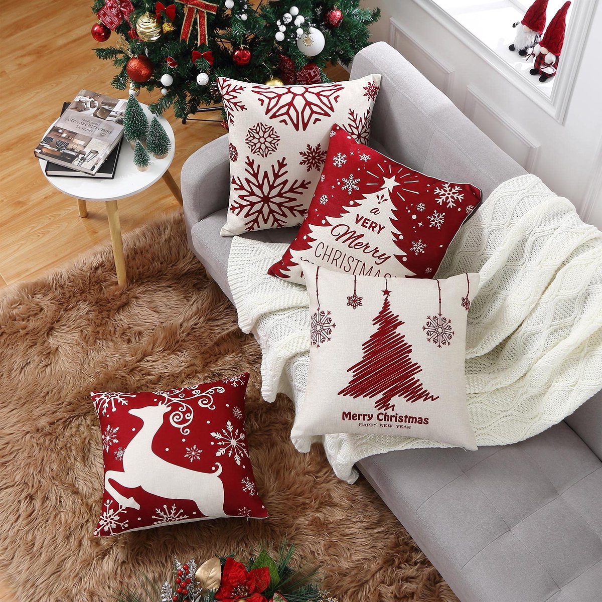 Unyqoos Set van 4 rode kerstkussenhoezen met hertenpatroon voor feestelijke decoratie Rood wit
