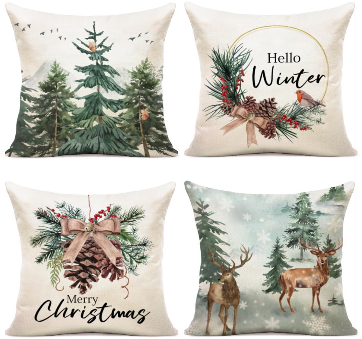 Unyqoos Set van 4 decoratieve kussenslopen voor kerst in linnenmix 45 x 45 cm Kleurjik