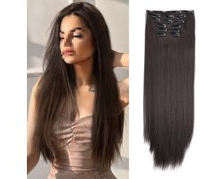 Clip-in haarstukjes set van 6 stuks, rechte nep extensions zonder zichtbare naden, 24 inch hittebestendig synthetisch haar, rechte extensions zonder zichtbare naden voor vrouwen, minimale geur, weinig haaruitval, stijl 7