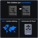 Twee Voomy reisstekkers met uitschuifbare stekkers (EU, UK, USA/AUS). Wereldkaart die 200+ landen dekt.