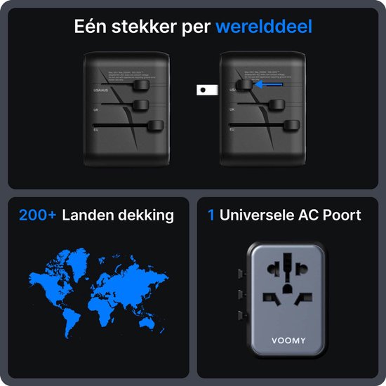 Twee Voomy reisstekkers met uitschuifbare stekkers (EU, UK, USA/AUS). Wereldkaart die 200+ landen dekt.