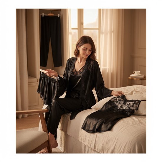 Satijnen 5-delige Pyjamaset Dames - Black