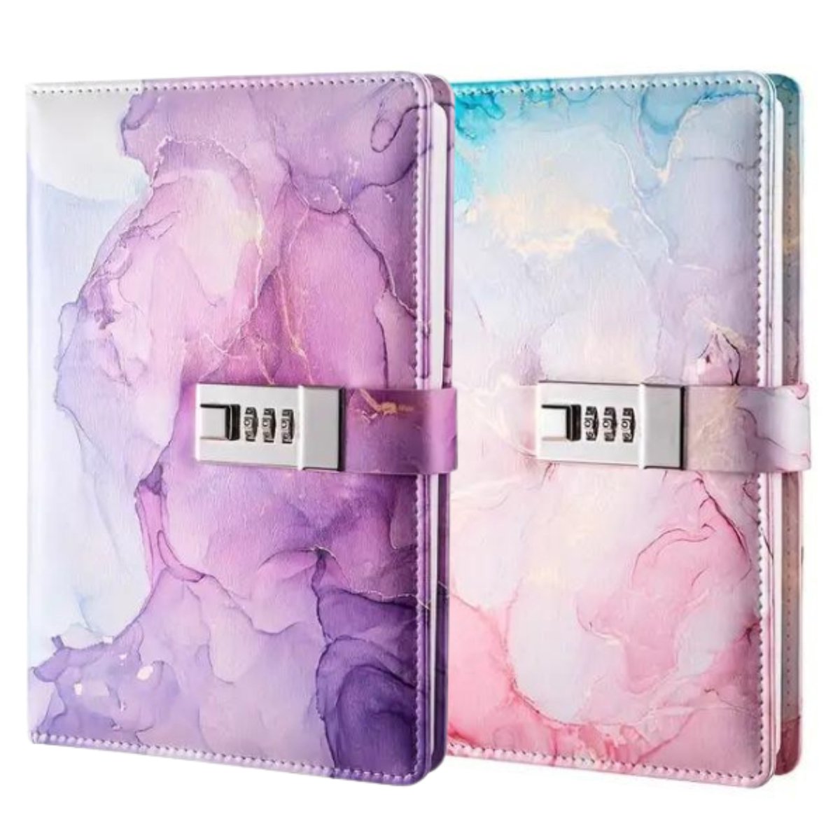 Dagboek met Slot combi - A5 - Marmerlook Paars / Roze + Roze / Turquoise - Leer - Notitieboek - Notebook - Cadeau tip - Cijferslot (adviesprijs €52,-)