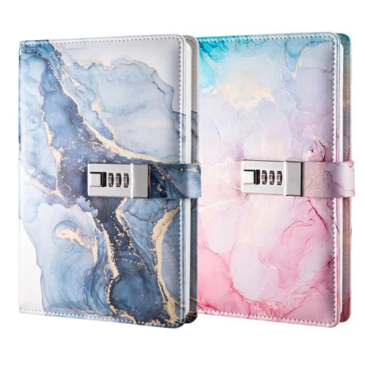 Dagboek met Slot combi - A5 - Marmerlook Blauw / Goud + Roze / Turquoise - Leer - Notitieboek - Notebook - Cadeau tip - Cijferslot (adviesprijs €52,-)