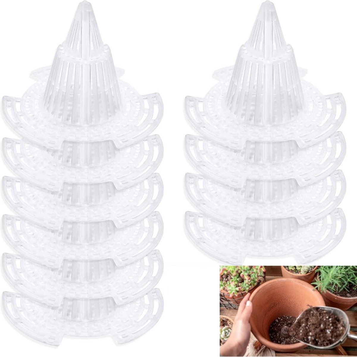 10 stuks - Bloempotgaasmatten - Roostermatten voor potbodems - Conische gaasmatten voor potbodems - Drainagegaas voor potbodems - Ademend en hydrofoob - Wortelbescherming - Transparant - 74 x 74 x 54 mm - Geschikt voor planten, bonsai en tuinieren