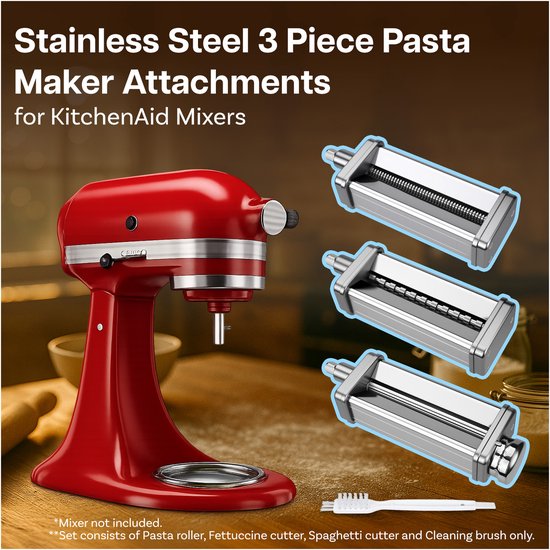 MMOBIEL Pasta Maker Attachment voor KitchenAid Staande Mixer 3-delig - Pasta Roller, Spaghetti Cutter & Fettuccine Cutter - Roestvrijstalen Accessoires - Mixer Accessoires voor KitchenAid van Merkloos — afbeelding 4