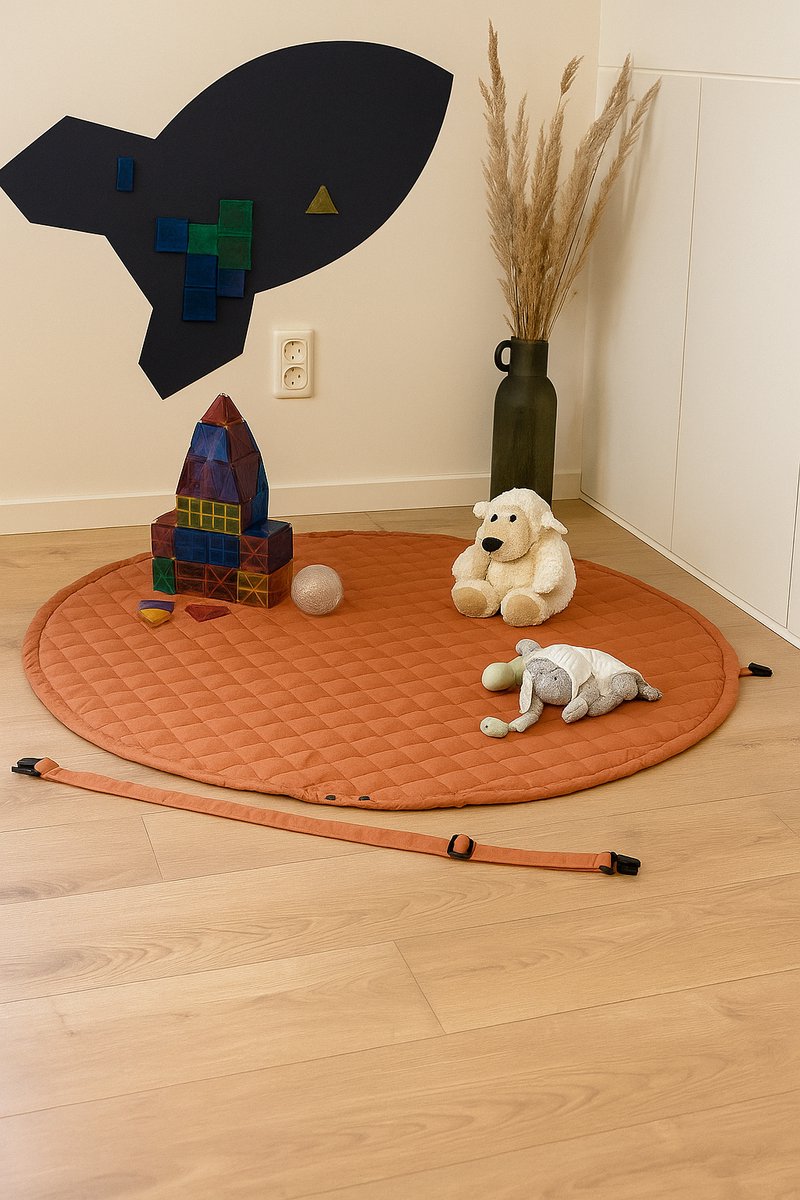 Ronde Baby draagbare Speelmat & Opruimzak 2-in-1 – Zacht Gewatteerd Speelkleed met trekkoord – Terracotta - Ø 130 cm