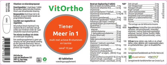 VitOrtho Tïener Meer in 1, 60 tabletten voedingssupplement, Non-GMO, Vegan. Tablet met vitamines en mineralen.