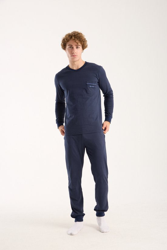 Pyjama homme Gionettic 100 % Katoen, col V, bleu marine - Taille S