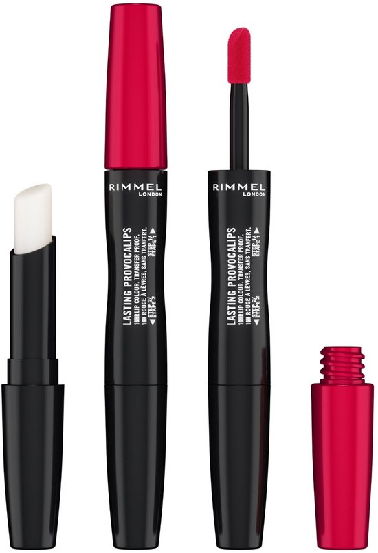 Rimmel London Lasting Provocalips lipstick set: zwarte huls met rode dop, applicator met rode kleur, en een witte balsem stick.
