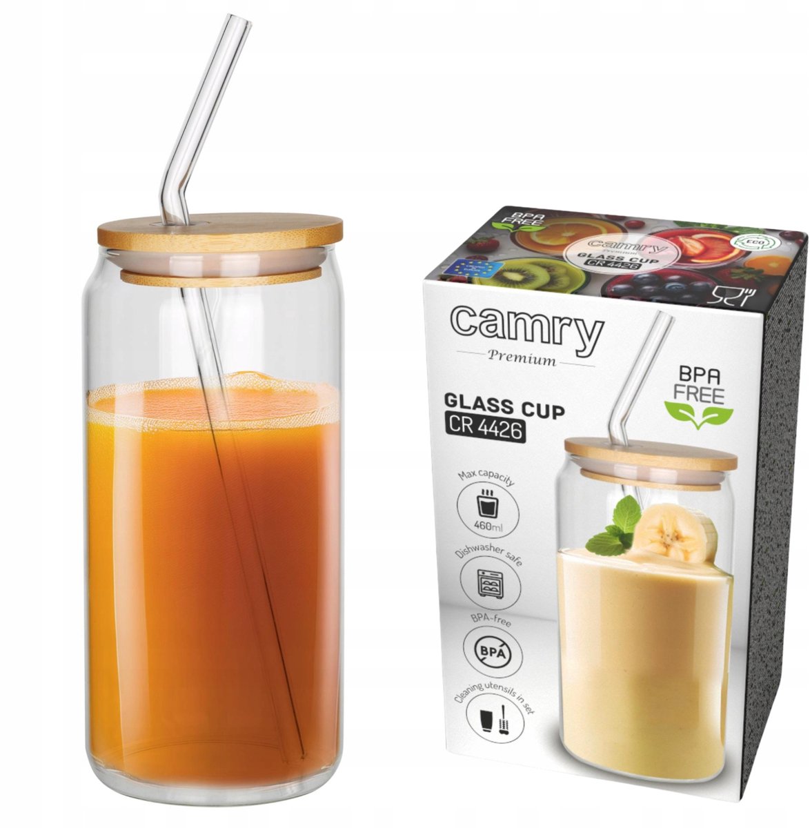 Glazen Mok met Bamboe Deksel & Riet - 460ml - Eco Vriendelijk