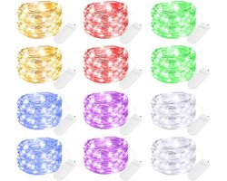 Sander Shop 12-pack multi-color led-lampjes op batterijen, waterdicht, zilverdraad, 2,1 meter, 20 led-lampjes met vuurvliegjes, sterrenhemel en maan voor doe-het-zelf, bruiloft, feest, slaapkamer, terras, kerst