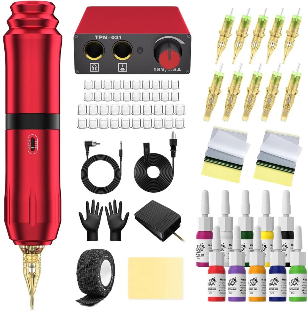White-Label® Tattoo Machine met Accessoires - Tattoo Machines Draadloos - Tattoo Set Inclusief Inkt en Naalden - Tattoo Kit - Rood