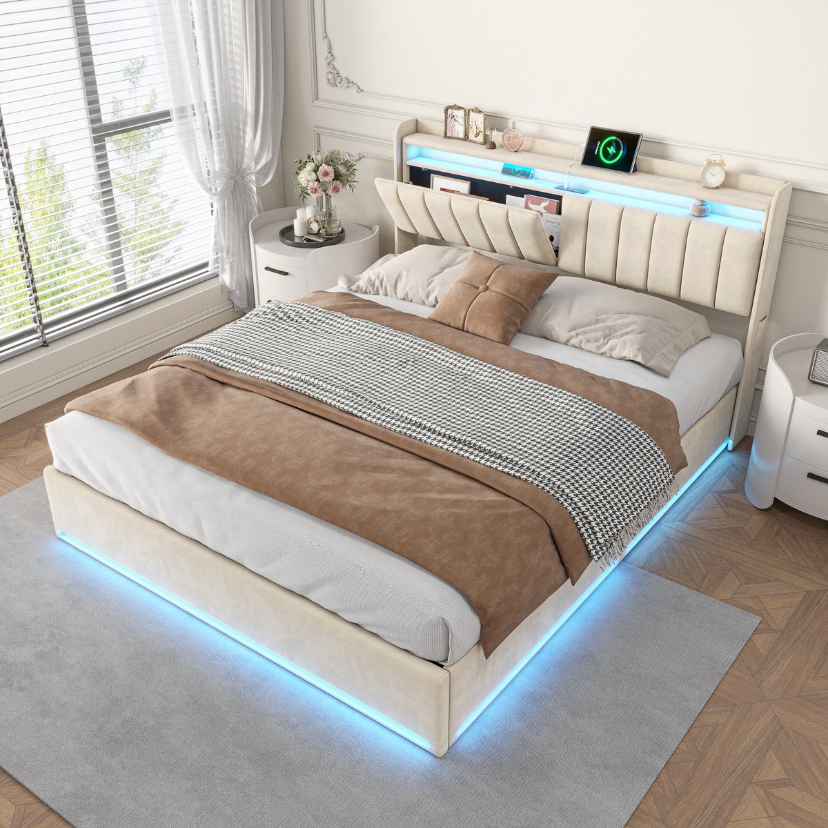 ROSAHQNDA ROSAHANSA Gestoffeerd bed 140x200cm, Eenpersoonsbed met oplaadfunctie, LED-verlichting, Volwassene Bed, Opbergbed, Continentaal bed, Beige fluwelen stof
