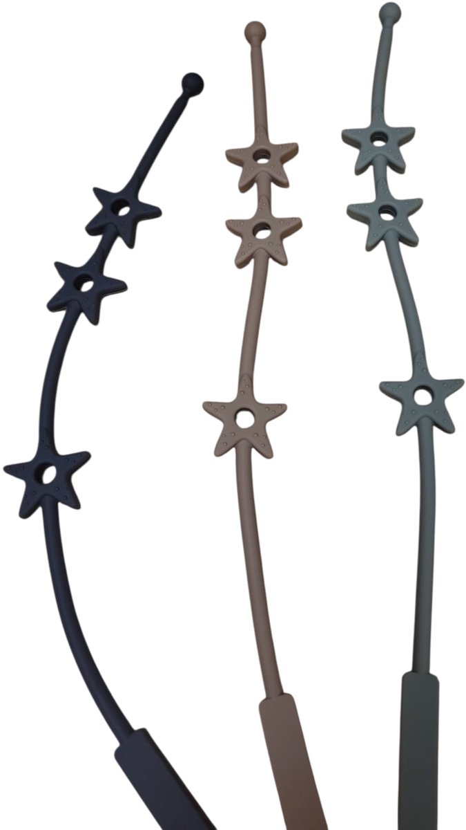 Verstelbare bandjes - Ketting - Koord - Silicone - rekbare veiligheidsriempjes voor speelgoed - Aan de kinderwagen - Kinderstoel - Autostoel - Anti weggooi - Bekercatcher - Baby - 50cm - Ster - Set van drie bandjes - Donker Grijs Beige en Groen van Merkloos / Sans marque