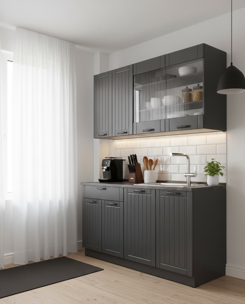 Singlekeuken 140 cm, antraciet/donkergrijs hoogglans, inkl. werkblad, moderne mini-keuken met soft-close lades en MDF-fronten – Novihome