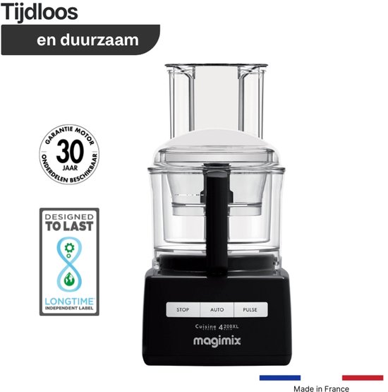 Zwarte Magimix Cuisine 4200XL keukenmachine met transparante kom en deksel. "Tijdloos en duurzaam" en "Designed to last" labels.