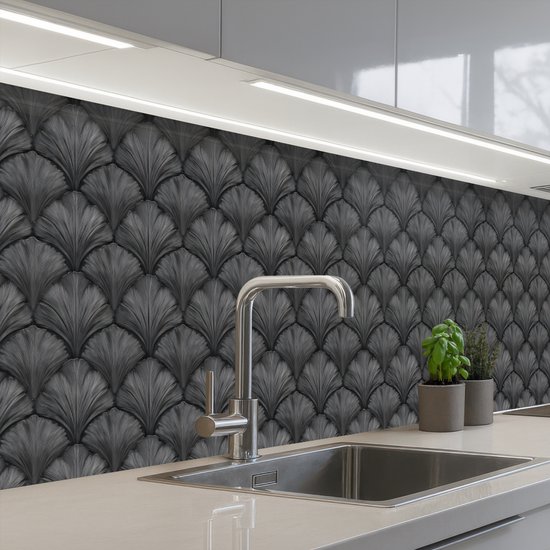 Keuken achterwand 300x80 cm - Spatscherm zelfklevend Waaier - Motief - Grijs - Muurbeschermer - Spatwand fornuis