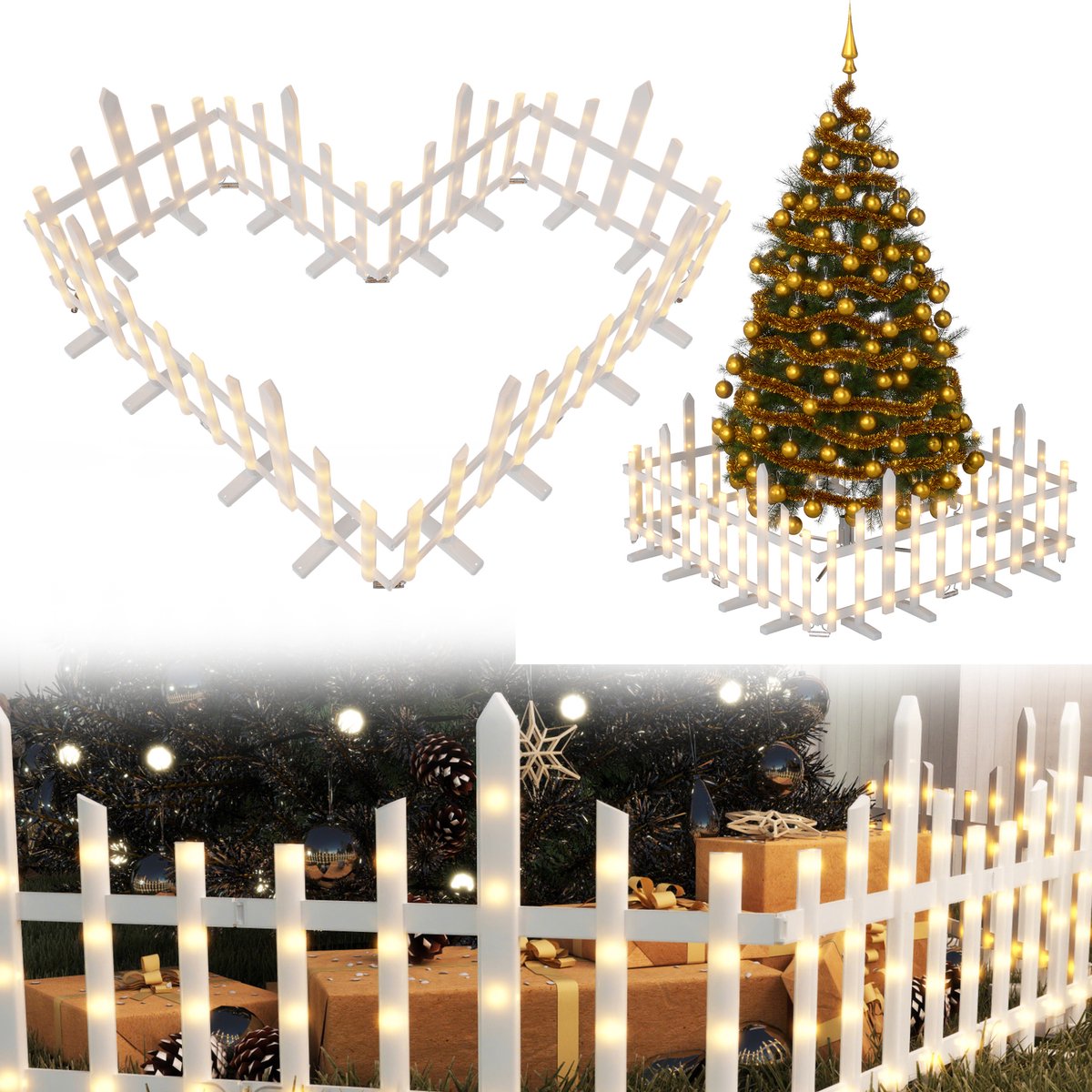 1,75 m LED kerstboomhek, gegolfd, 5 stuks, kunststof paaltjeshek, tuinhek met warm witte kerstverlichting, 8 lichtstanden, IP44 waterdicht, ideaal voor huis, tuin en bruiloften.