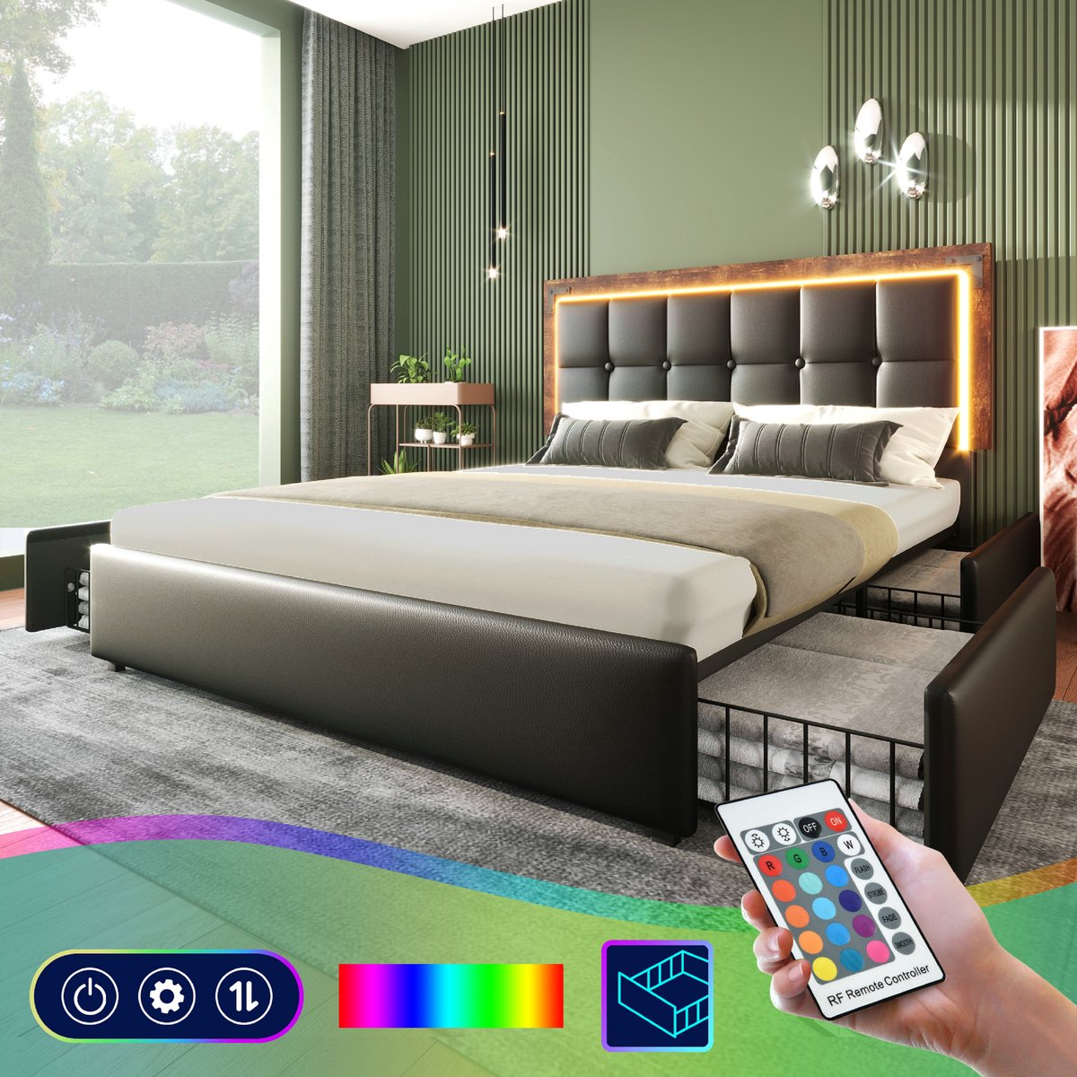 Tweepersoonsbed 160x200 cm met 4 lades en ledverlichting - Tweepersoonsbed met opbergruimte en in hoogte verstelbaar hoofdbord - Kunstleer - Zwart