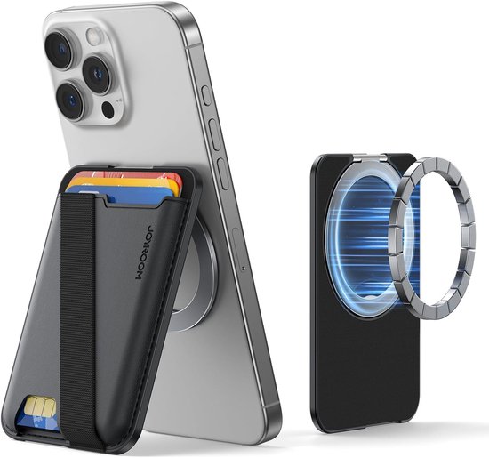 Joyroom Magnetische wallet kaarthouder geschikt voor MagSafe – Pasjeshouder voor telefoon – Met handstrap & schuifsysteem voor snelle toegang – Tot 3 kaarten – Zwart